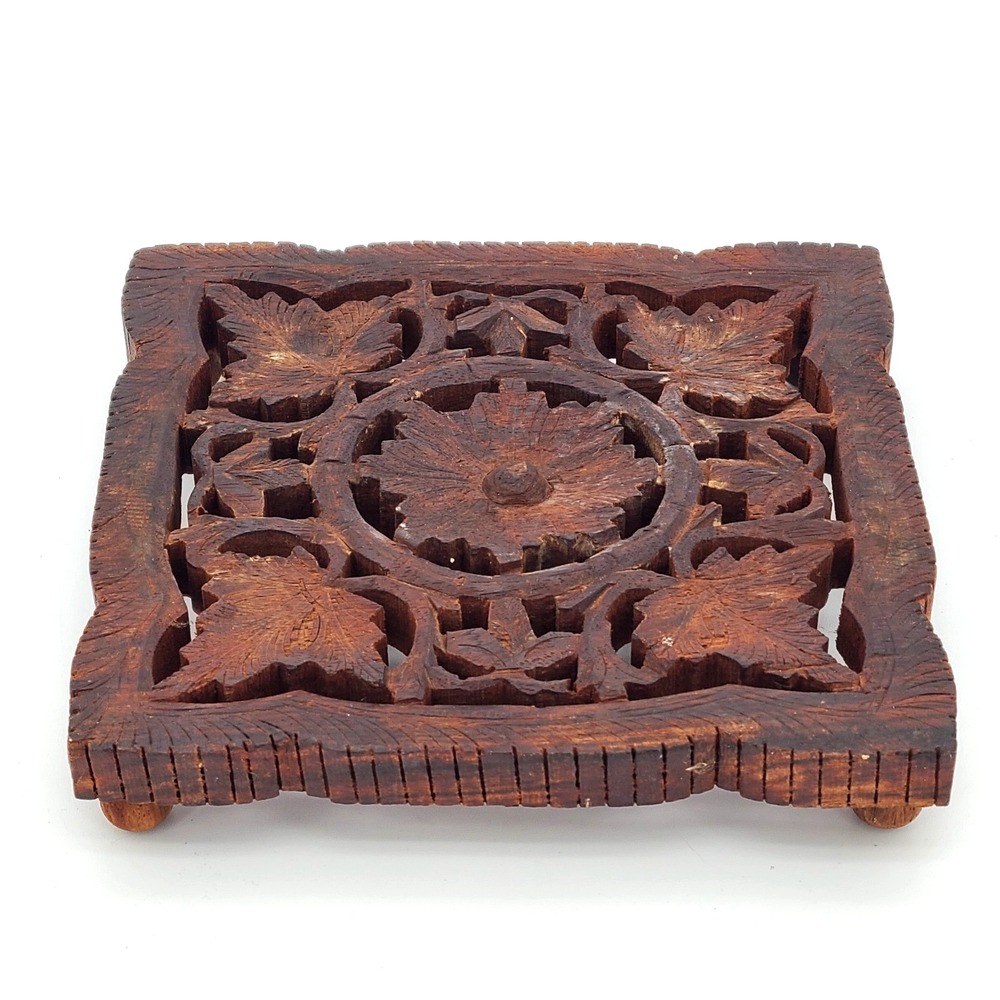 Vintage Wooden Hand Carved Trivet Leaves and Flowers India 6" x 6"